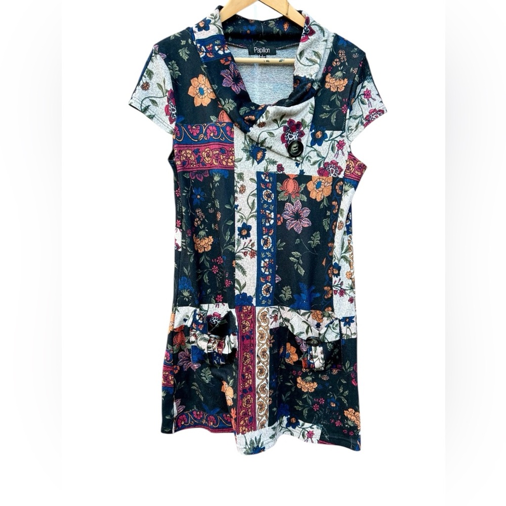 Papillon Cowl Neck Dress Patchwork Pockets Sz. Large Navy
